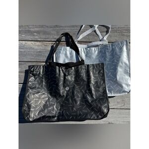 Lululemon large Reusable Tote Bags Bundle Silver & Black Logo Print Shopper
